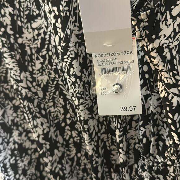 Nordstrom Rack Shirred Black Trailing Vines Midi Dress Size XXS - Picture 5 of 7